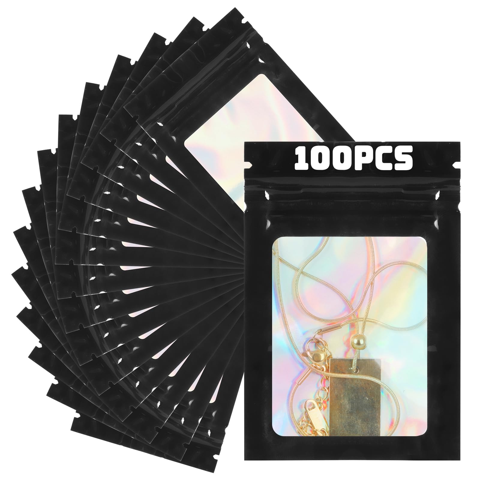 KOMABLEN Mylar Bags, 100 sztuk czarnych woreczków Mylar, 7 x 10 cm, plastikowe torebki wielokrotnego zamykania, torebki strunowe z przezroczystym okienkiem, torby na biżuterię, słodycze