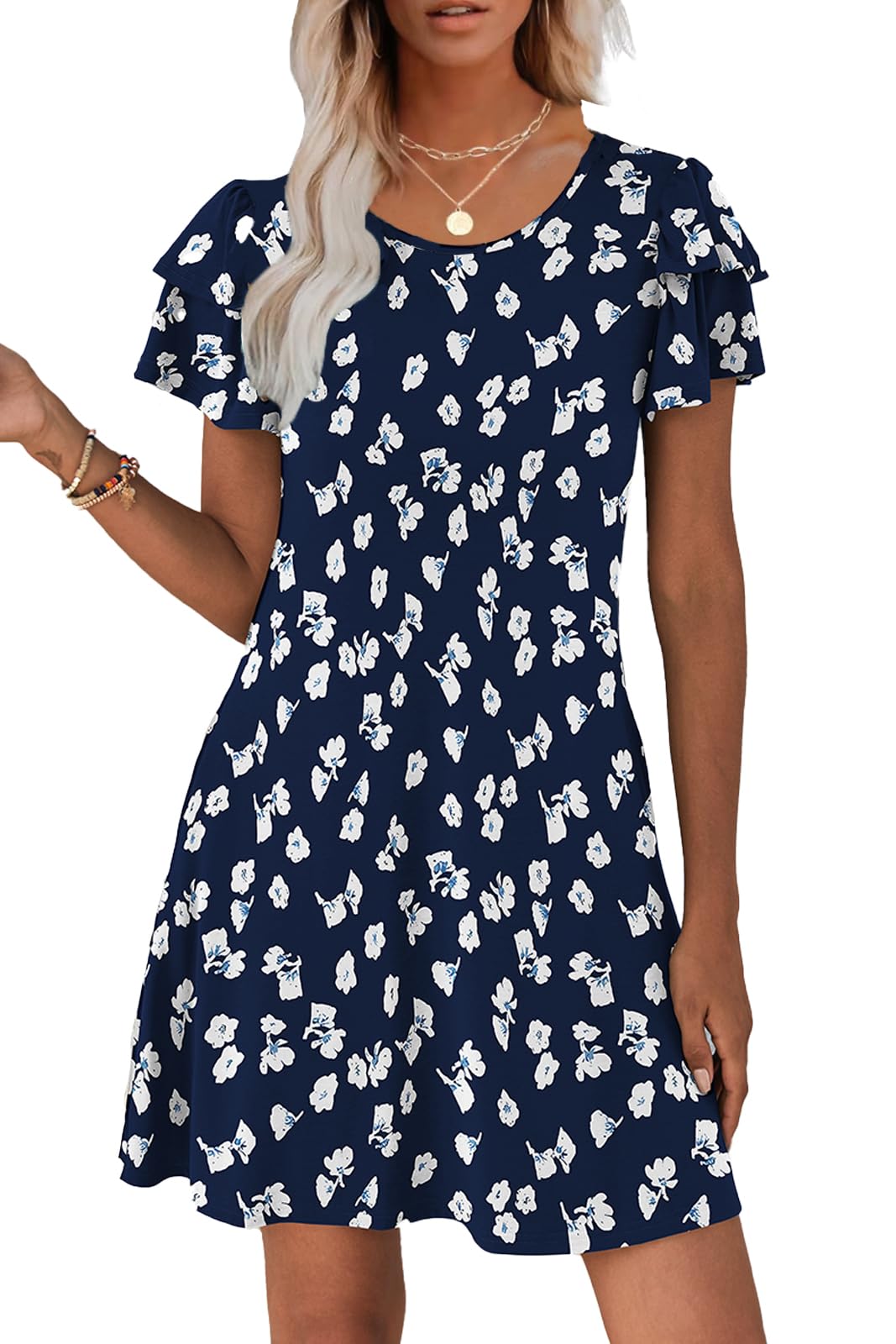 Hount Women's Summer Dresses 2025 Ruffle Sleeve Sundresses Casual Beach Mini Dresses with Pockets