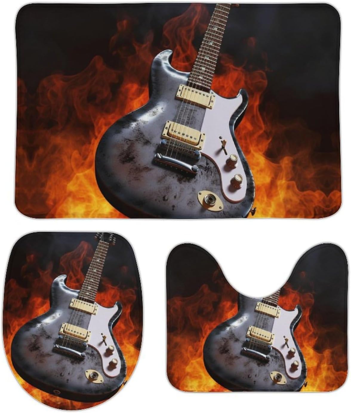 Anti-Skid Floor Mats 3 Piece Set,Rock Guitar Printed Coral Fleece Bathroom Mats U-Shaped Contour Mat Toilet Seat Cover for Bathroom, Tub, Shower, Kitchen 19.7"x31.5"