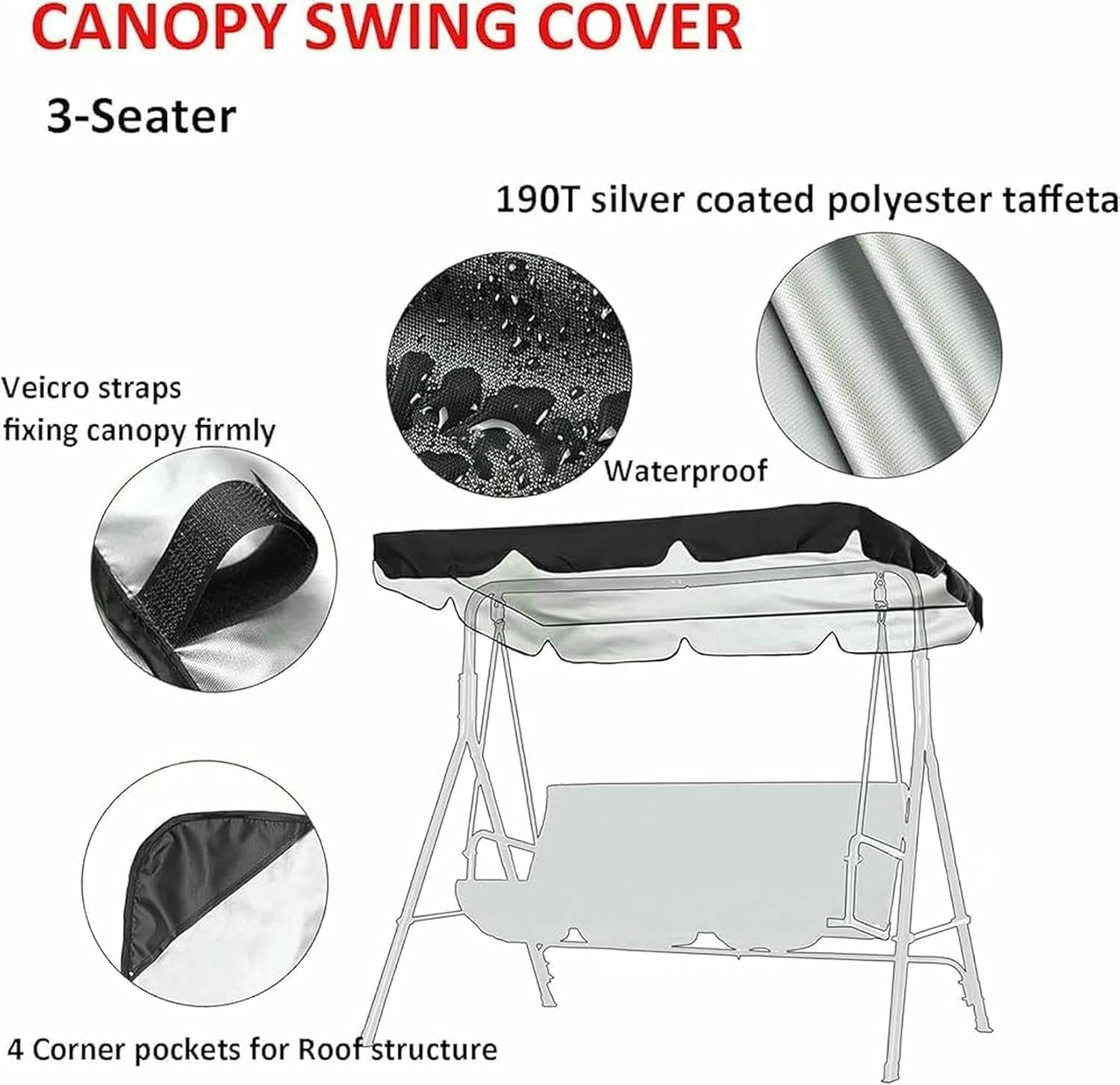 Outdoor Swing Canopy Replacement Cover Swing Cushion Cover 2/3 Seater, Waterproof Garden Seater Sun Shade Porch Hammock Patio Swing Cover (Swing not Included)~/