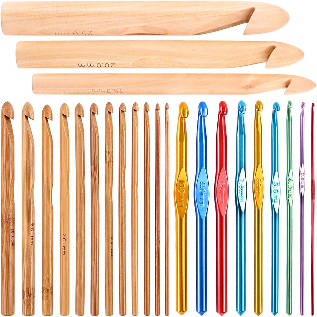 Glarks 24Pcs Crochet Hooks Set, 15Pcs 3 to 25 mm Wooden Bamboo Crochet Needle Knitting Hooks with 9Pcs 2 to 10 mm Aluminum 2-10 mm Handle Crochet Hooks for Sweater Hat Scarve Glove Knitted Weaving