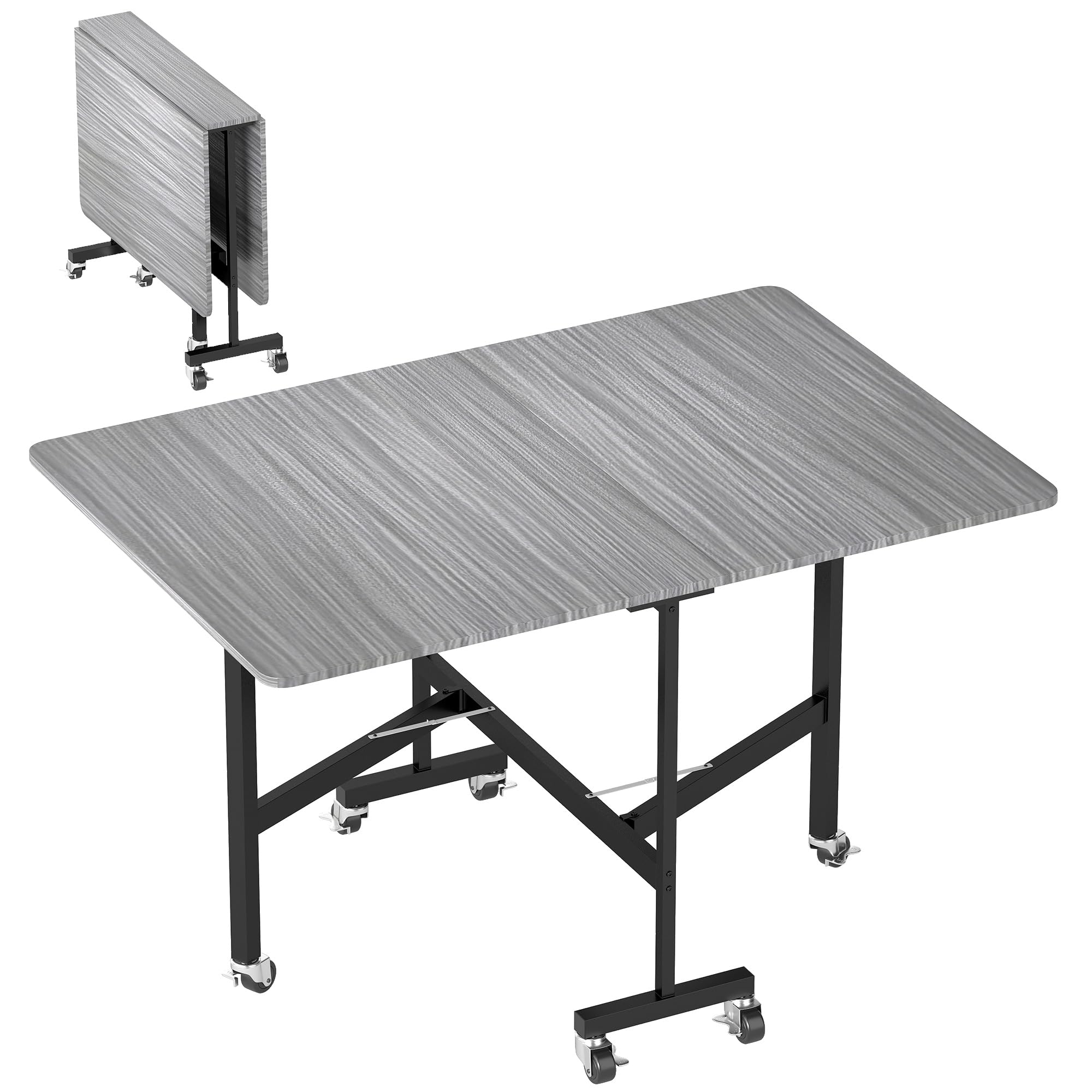HOMCOM 6 Seater Grey Drop Leaf Dining Table - Mobile Folding Kitchen Table with Steel Base