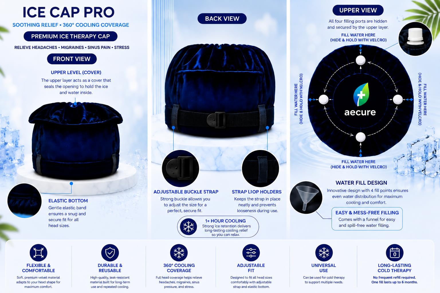 6 Month Warranty | Ice Cap Pro Refillable Ice Therapy Cap for Migraine Relief, Headache, Sinus Pressure & Stress | Men & Women | 4 Fill Ports for Targeted Left, Right, Front & Back Cooling | Adjustable Free Size — Amazon image 2