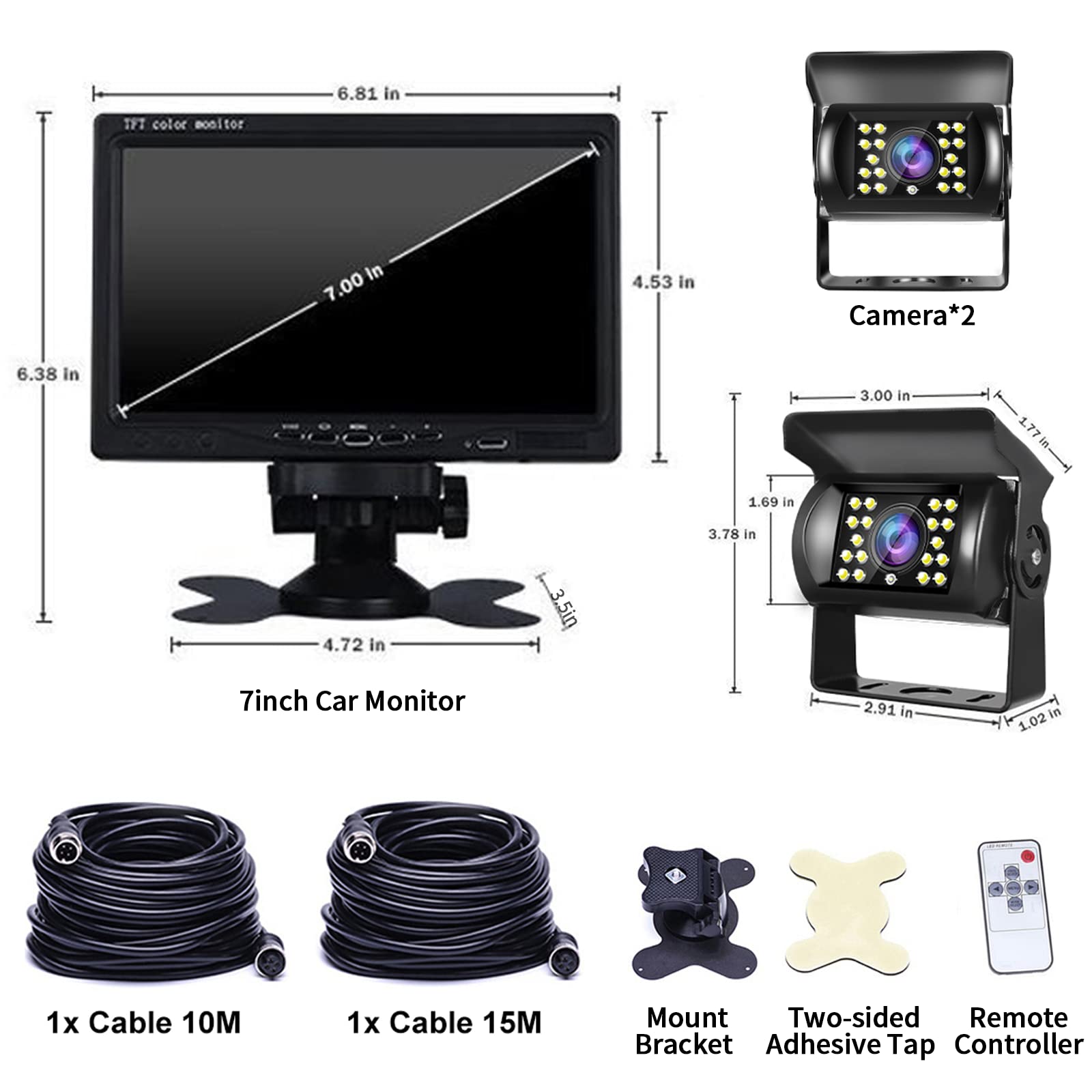 Caméra de Recul avec écran Moniteur LCD 7 Pouces & 2 Caméra Avant et Arrière, IP68 étanche, 18IR Vision Nocturne, Câble Aviation pour Camion/Remorque/Bus/Camping Car (12V-24V) Camera de Recul Double