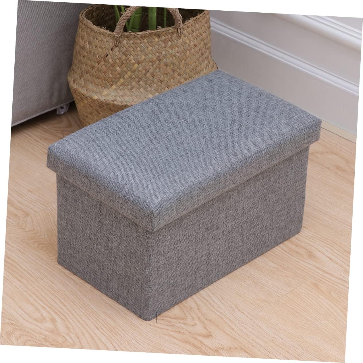 Foldable Storage Box with Top Linen Fabric and Foot Rest for Bedroom Living Room Lightweight Grey Bench for Toys Convenient Home Organizer
