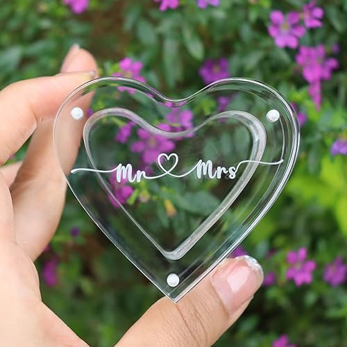 Miniatura 2 de Caja de anillo de acrílico grabada para ceremonia de boda, caja de portador de anillos para compromiso de propuesta (forma de corazón B)