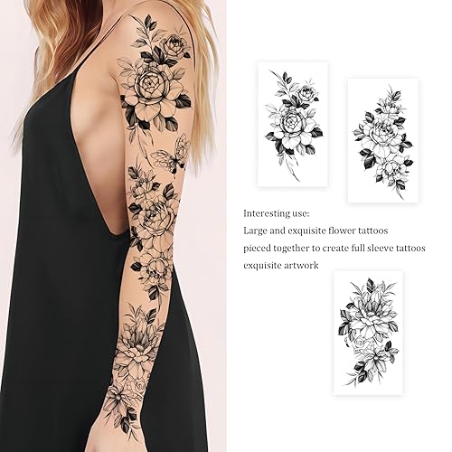 Miniatura 3 de tatuajes florales grandes, exquisitos tatuajes temporales para mujeres, mariposa sexy de larga duración, tatuaje temporal tatuaje falso mujer