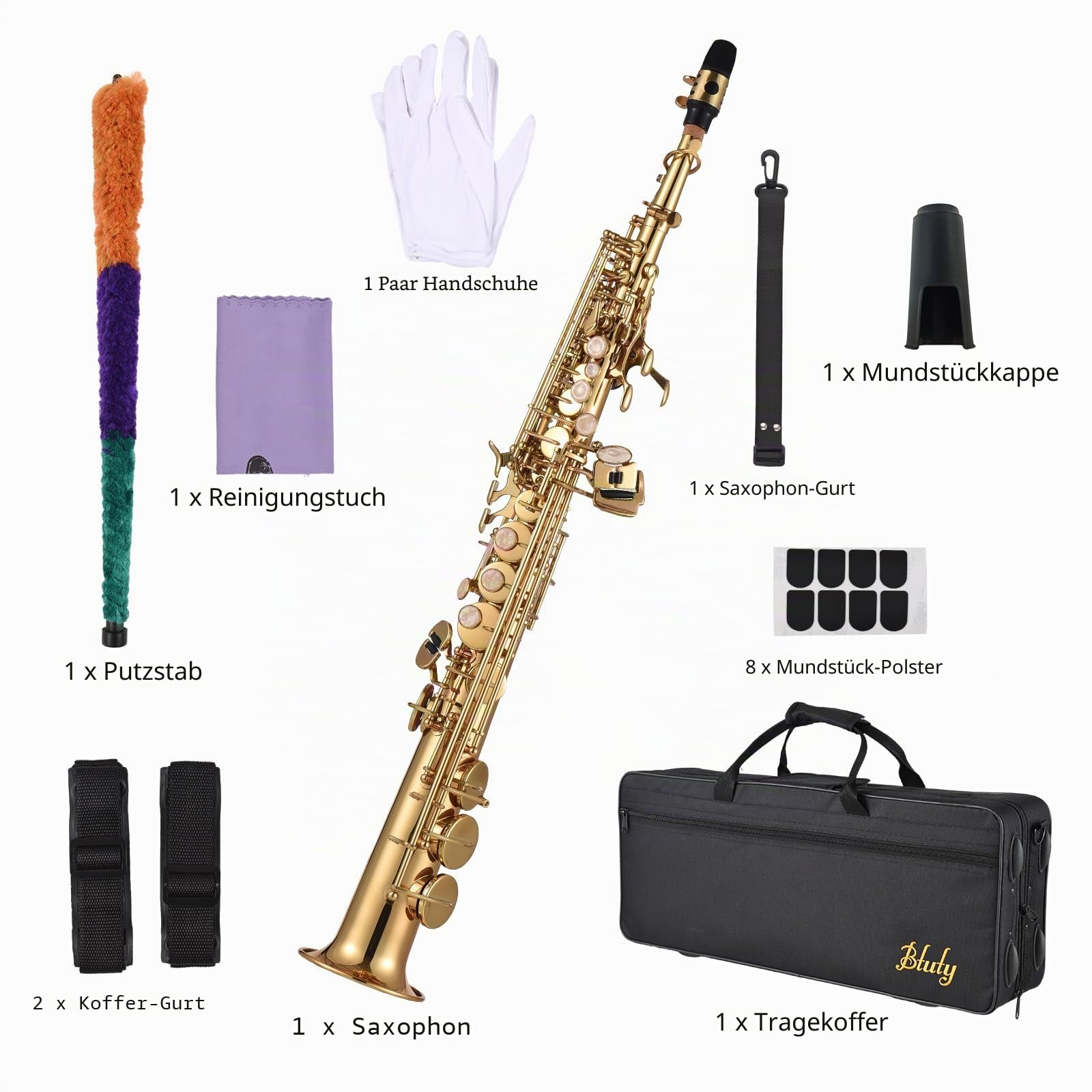 Btuty Sopran-Saxophon Saxophon Direkt Messing BB B Schüler mit Reinigungsbürste Koffer Handschuhe Stoffreiniger Gurt gepolsterte Tasche