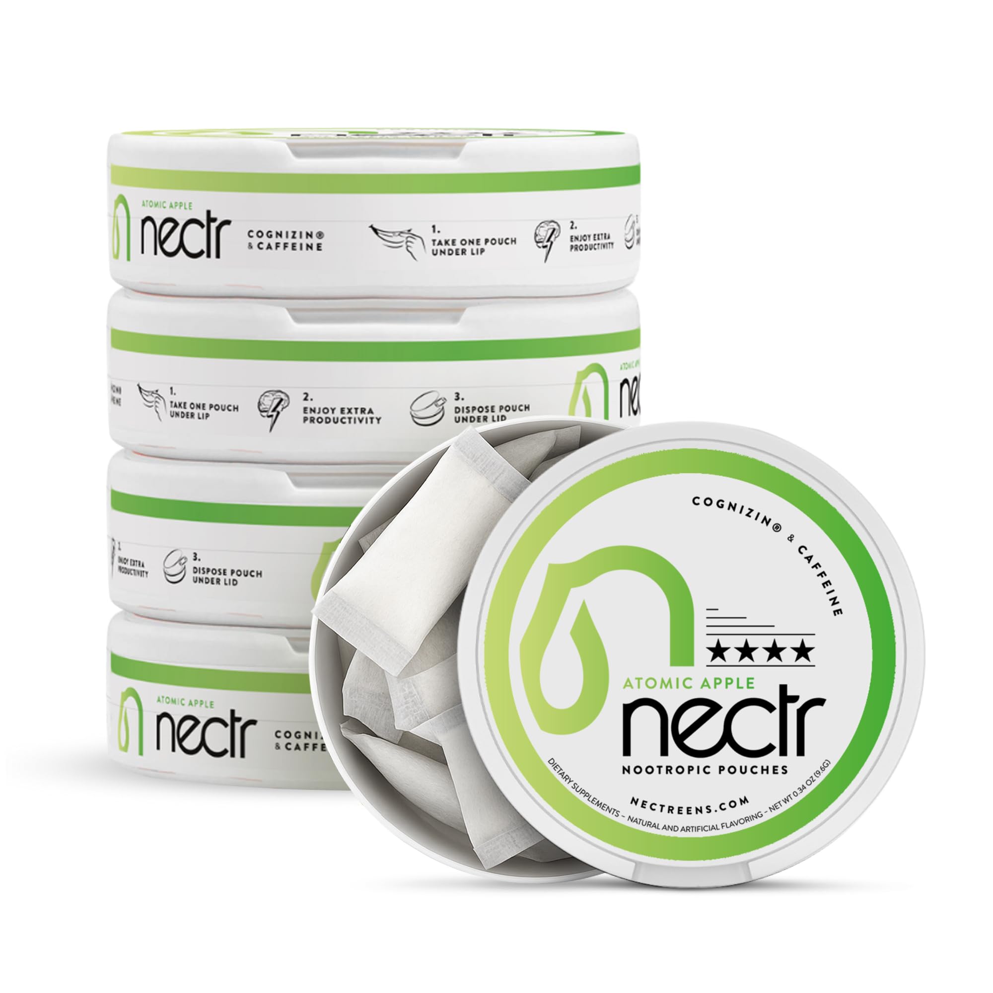 Nectr Energy Nootropic Pouches – Atomic Apple Flavored, Caffeine Pouches with Cognizin® Citicoline. Sugar-Free Brain Treats. Smooth, Sustained Focus & Energy Supplement - 1 Puck of 16pcs