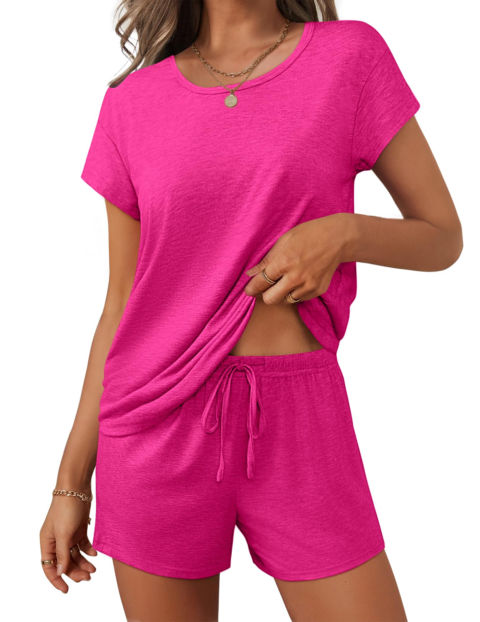Ekouaer Women 2 Piece Pajamas Set Short Sleeve Comfy Lounge Set Round Neck Tops and Shorts Pjs with Pockets