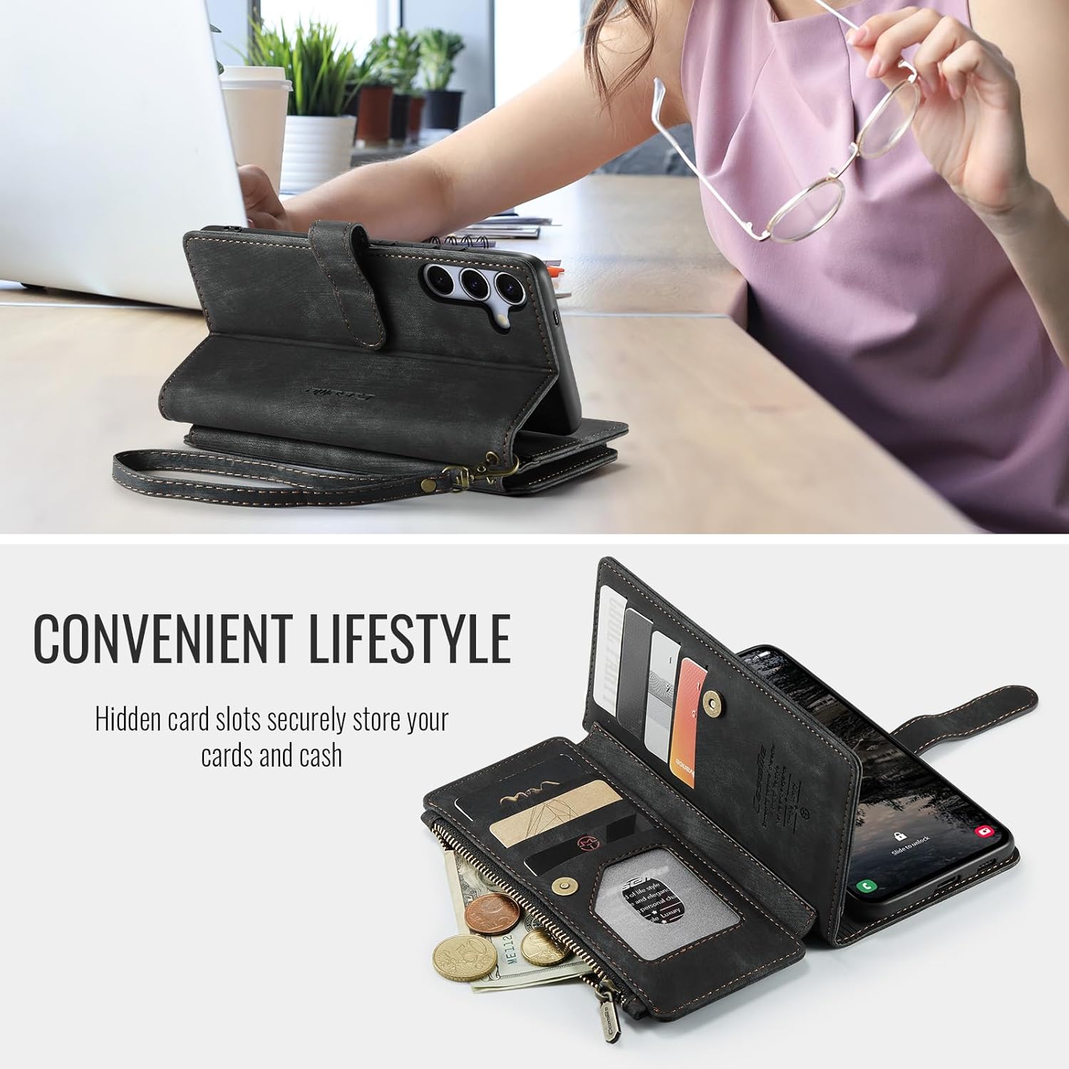 Samsung Galaxy S25 FE 5G Wallet Case with Card Holder Kickstand Magnetic Zipper Pocket Lanyard Strap Wristlet,Leather Flip Case Wallet for Samsung Galaxy S25 FE 5G 6.7 Inch (Black)