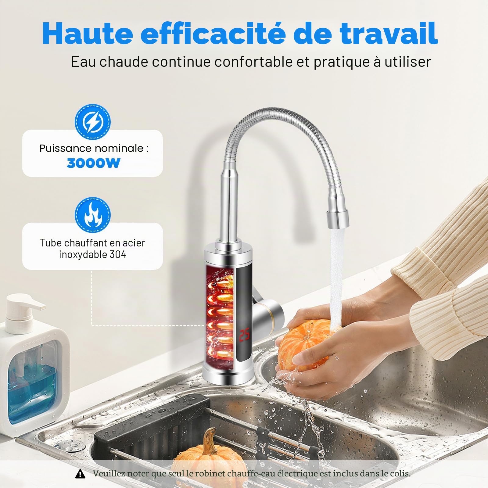 MINRS Robinet avec chauffe-eau, robinet électrique avec indicateur de température LED, sortie rotative à 360°, chauffe-eau électrique avec protection contre les fuites pour maison, hôtel, restaurant