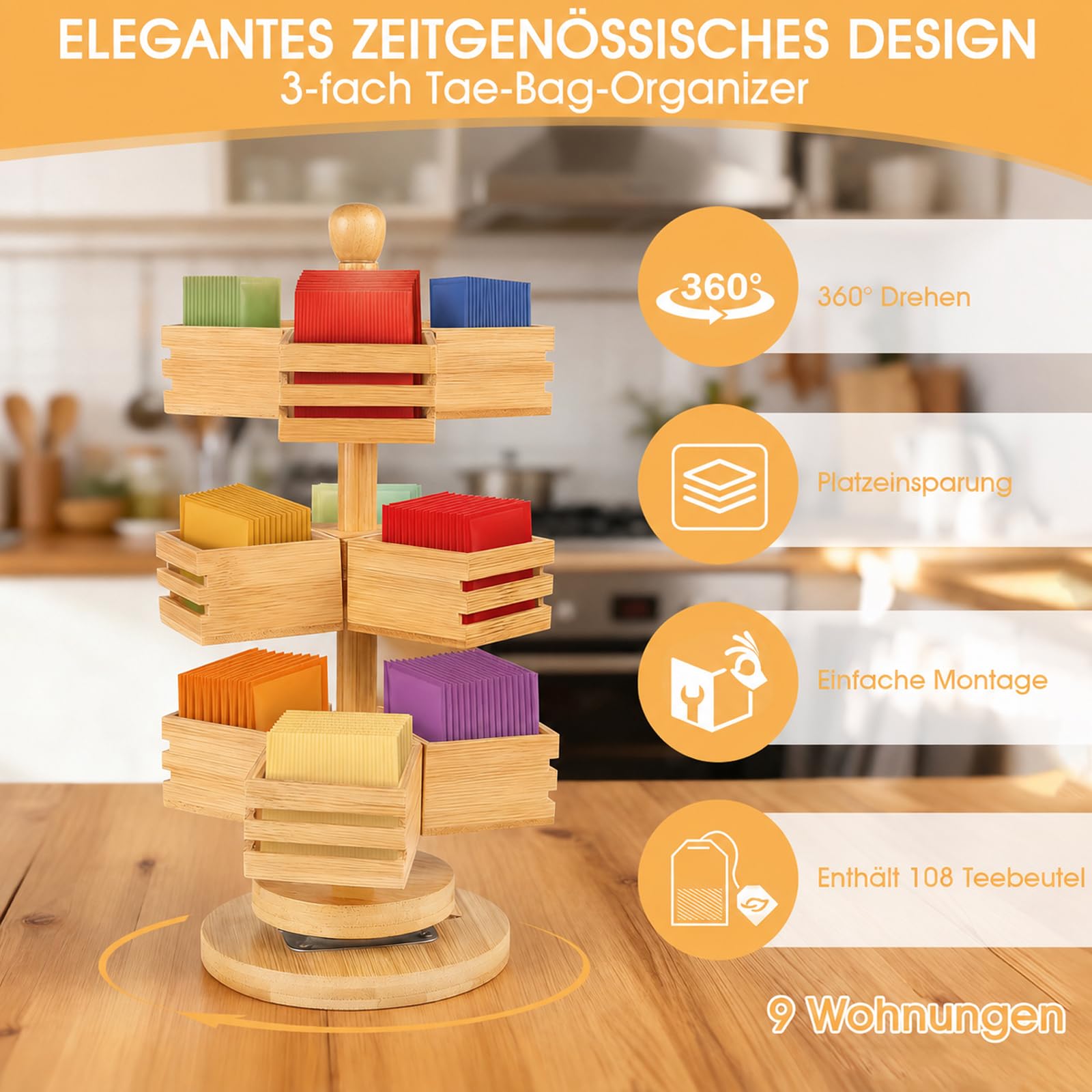 Organisateur de sachets de thé en bambou à 3 étages - Pivotant à 360° - Boîte à thé avec 9 compartiments - Étagère à thé debout pour cuisine, plan de travail, bureau, café, sucre - Bois
