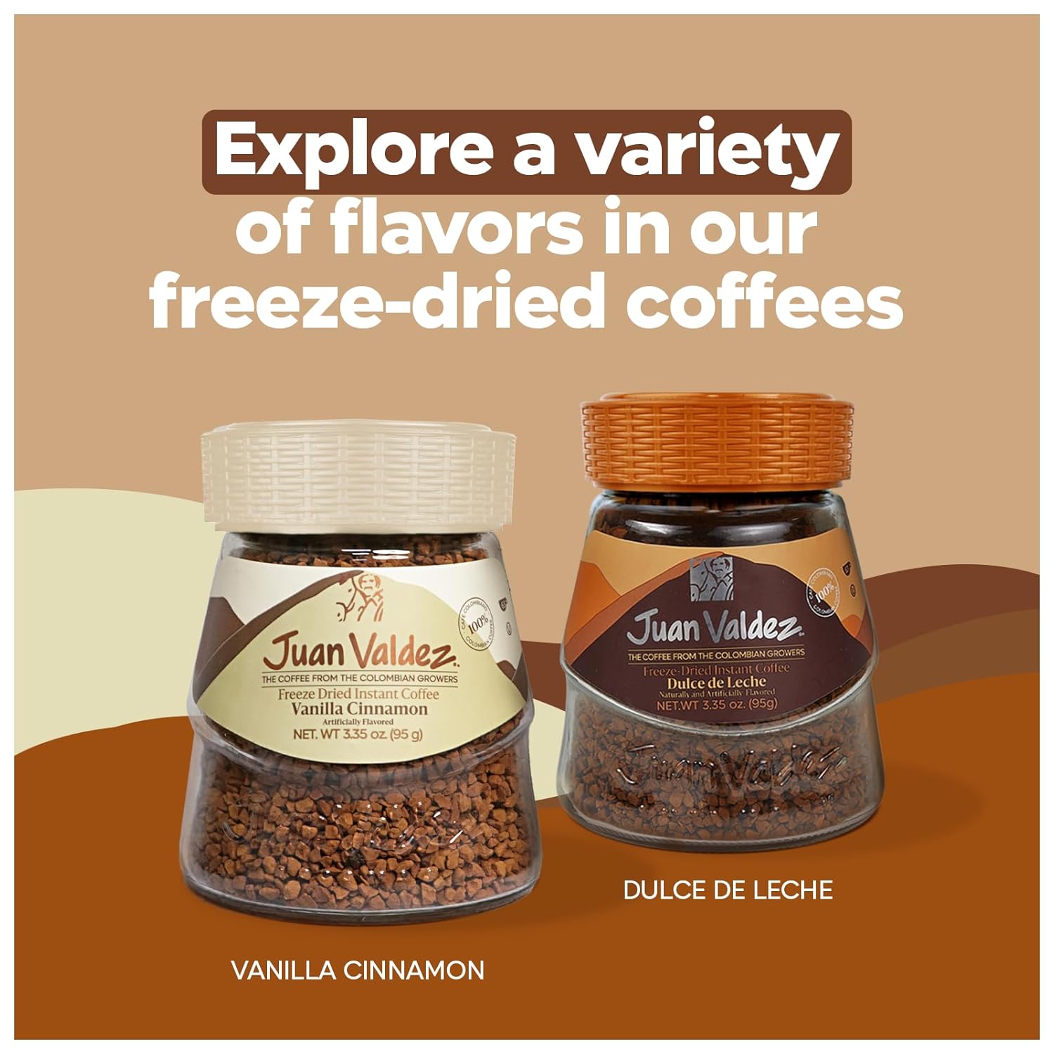Juan Valdez Freeze-Dried Instant Coffee Bundle - Dulce de leche (3.5 oz) & Vanilla Cinnamon (3.35 oz) Flavors | 100% Colombian Arabica Beans | Smooth & Aromatic - Premium Colombian Coffee | 2 Jars