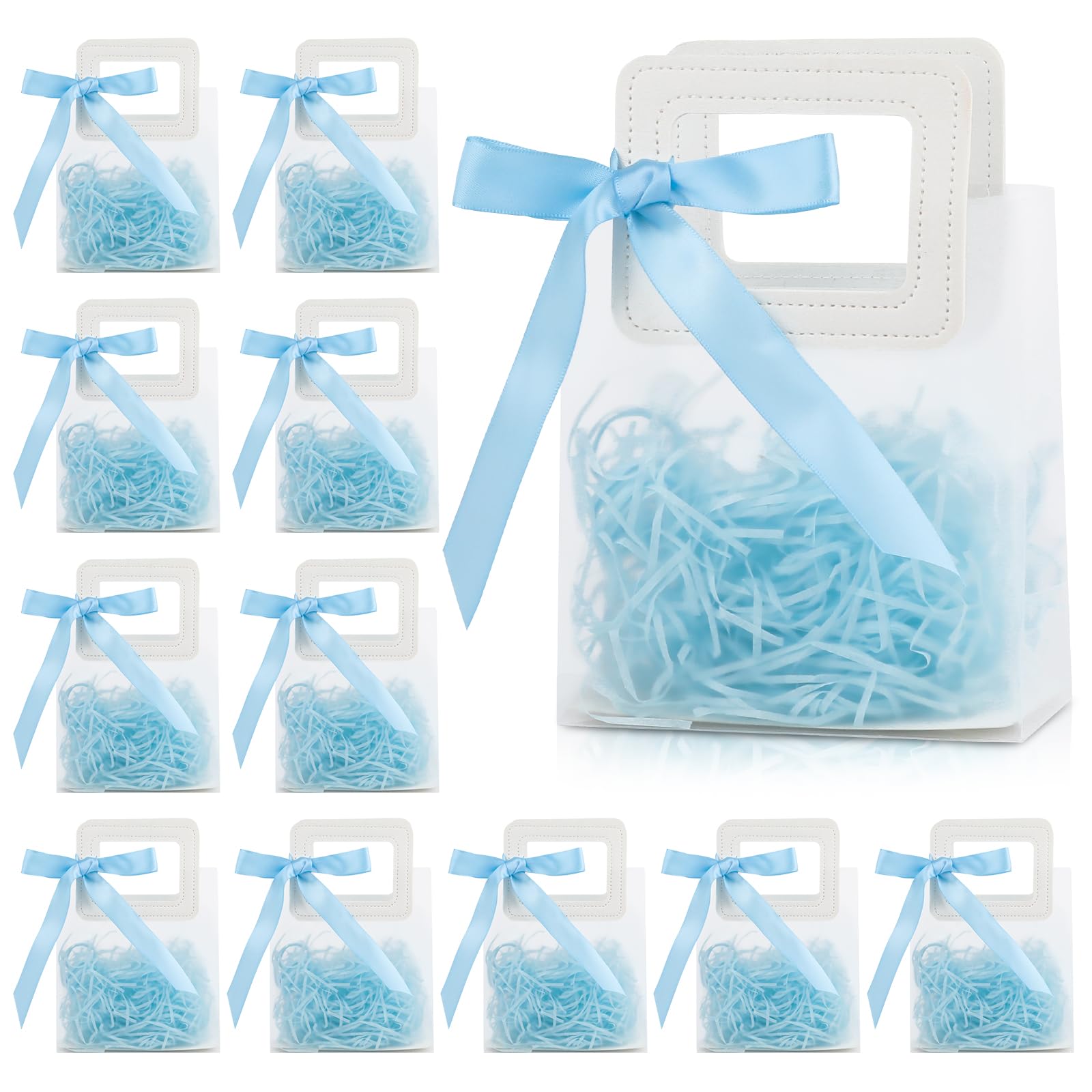 12 Pcs Clear Gift Bags with Handles, 15 x 13.4 x 7 cm Small Reusable Frosted Plastic Tote Bags with Blue Ribbon, White Square Leather Handle Gift Wrap Bags for Party Favour, Bridal Party, Baby Shower