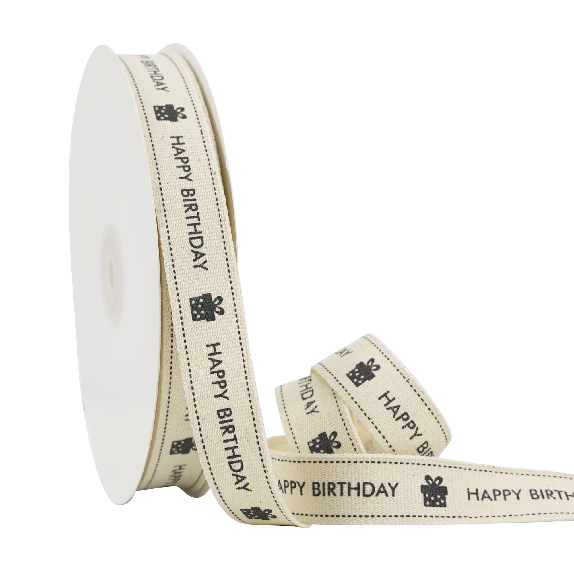 HUIHUANG 3/4 Inch Happy Birthday Cotton Ribbon Natural Fabric Cotton Ribbon for Gift Wrapping Crafts Home Decor Floral Bouquet Party Decoration Baking Gift Basket - 25 Yards (75 Feet)