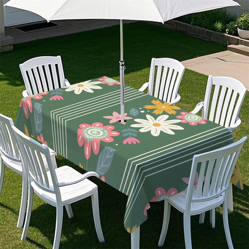 Chickwin Outdoor Wipe Clean Tablecloth Rectangle with Parasol Hole and Zipper, Cute Floral PatternWaterproof Polyester Table Cloth or Garden Table, BBQs, Family Gatherings (Dark green 2,102x60in)