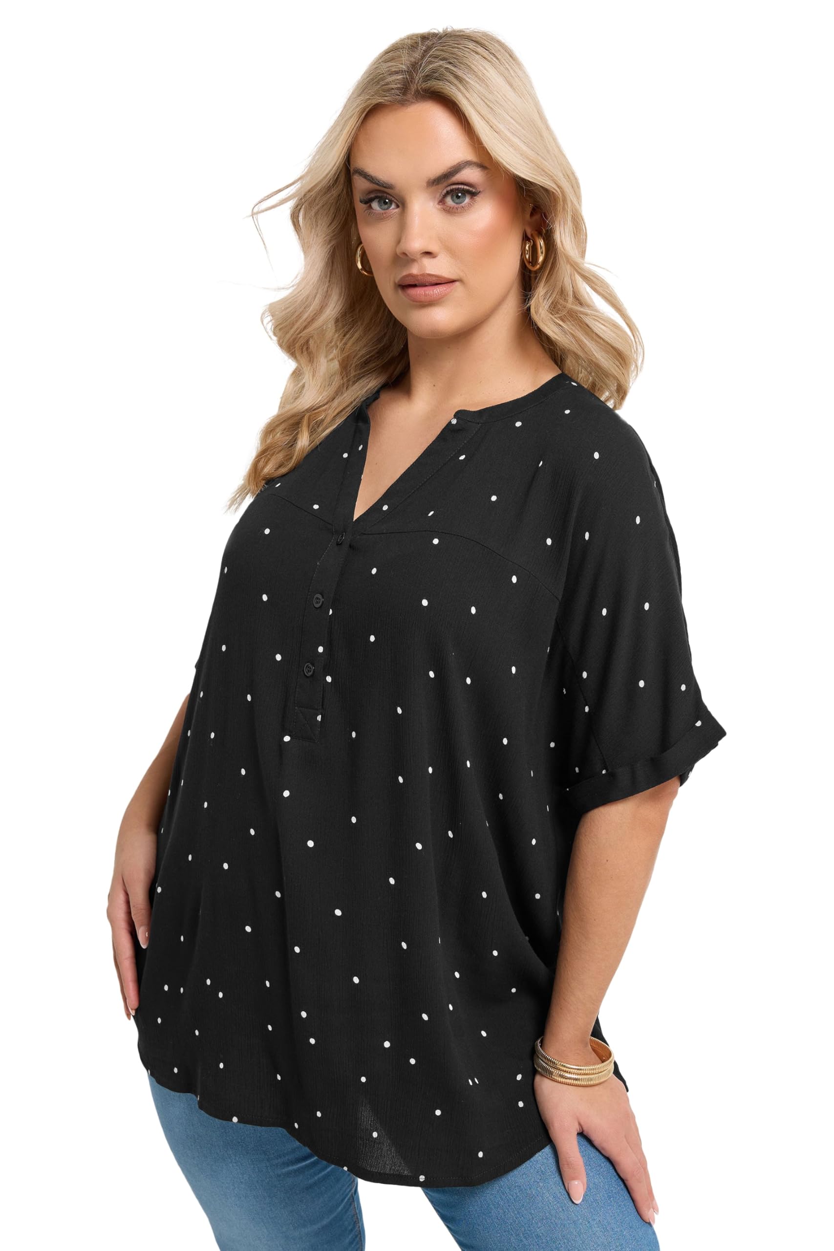 Yours Women's Black Polka Dot Notch Neck Top In | Size: 16