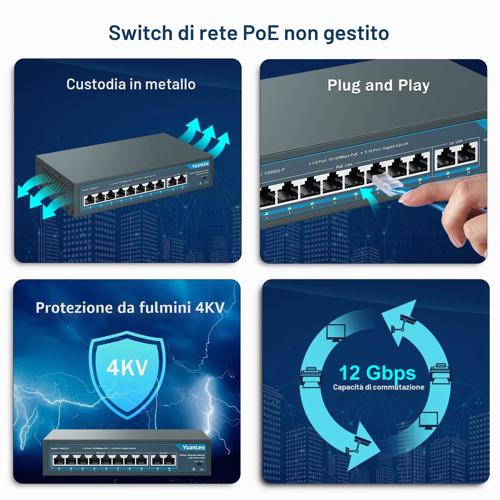 YuanLey 10 Port PoE Switch, 8 PoE+ Port 100Mbps, 2 Uplink Gigabit, 120W 802.3af/at, Funzione Estesa, Plug & Play Non Gestito Senza Ventola in Metallo