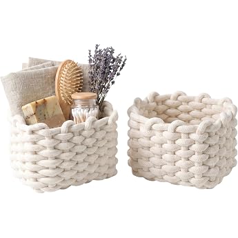 Braided Storage Basket Pack of 2 Small Baskets 18 x 14 x 13 cm Storage Basket Small Bathroom Baskets for Children's Room Bathroom Cabinets White