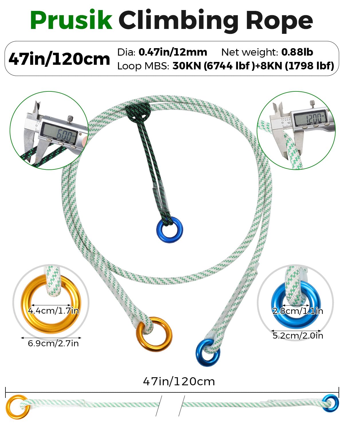 12-mm-Hochleistungs-Prusikseil-Set, 30-kN-Statikseil und 8-kN-Reibungsknoten-Hilfsseil, rutschfestes Polyester, 120 cm/47 Zoll，12mm 120cm + 6mm50cm