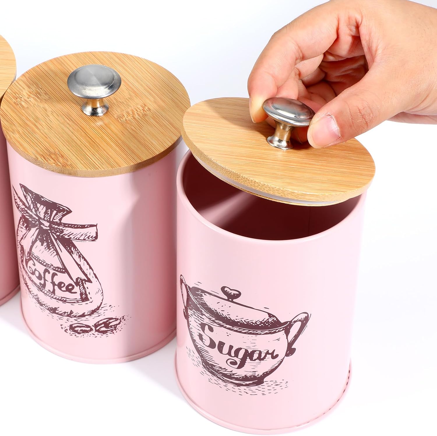 3 Pcs Pink Kitchen Canisters Set, 6.1" x 3.74" Matte Condiment Pot Metal Tin Jar Container, Food Storage Containers with Bamboo Airtight Lid to Store Dry Food Spices Coffee Tea Sugar Storage