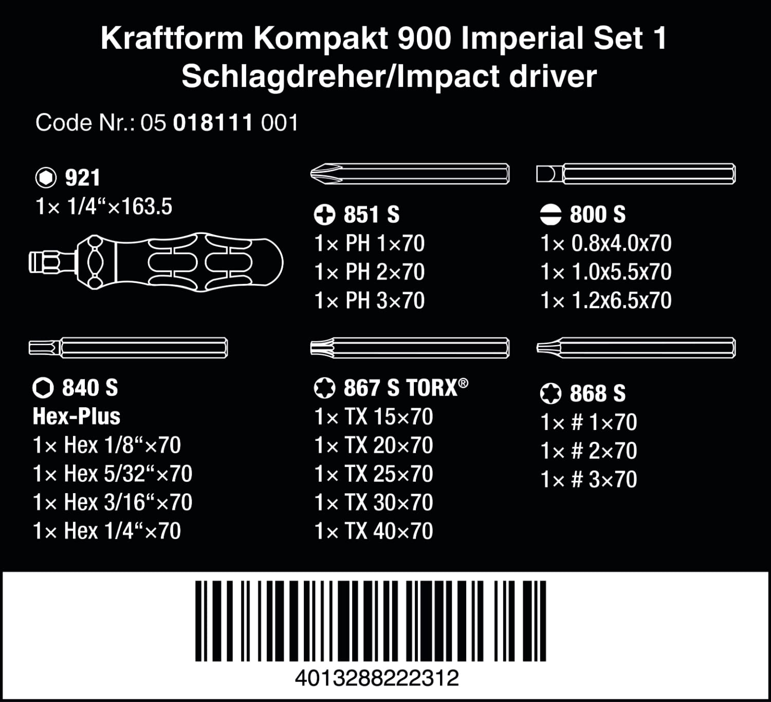 Wera 05018111001 Kraftform Kompakt 900 Imperial Set 1, Impact Screwdriver Set, 19 Pieces, Black Yellow