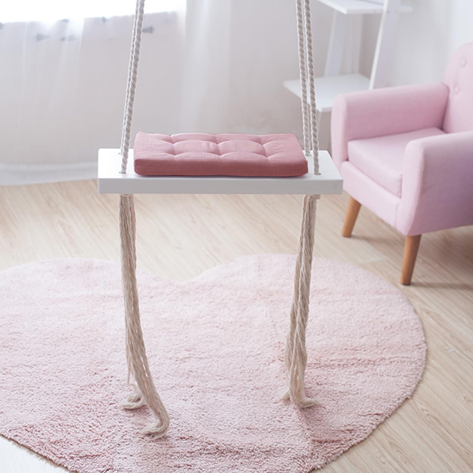 Columpio infantil de 50 x 18 x 3,5 cm, 50 kg, carga rosa, madera maciza con cuerdas de cáñamo engrosadas y cojín de esponja, columpio para interiores para habitación infantil y jardín