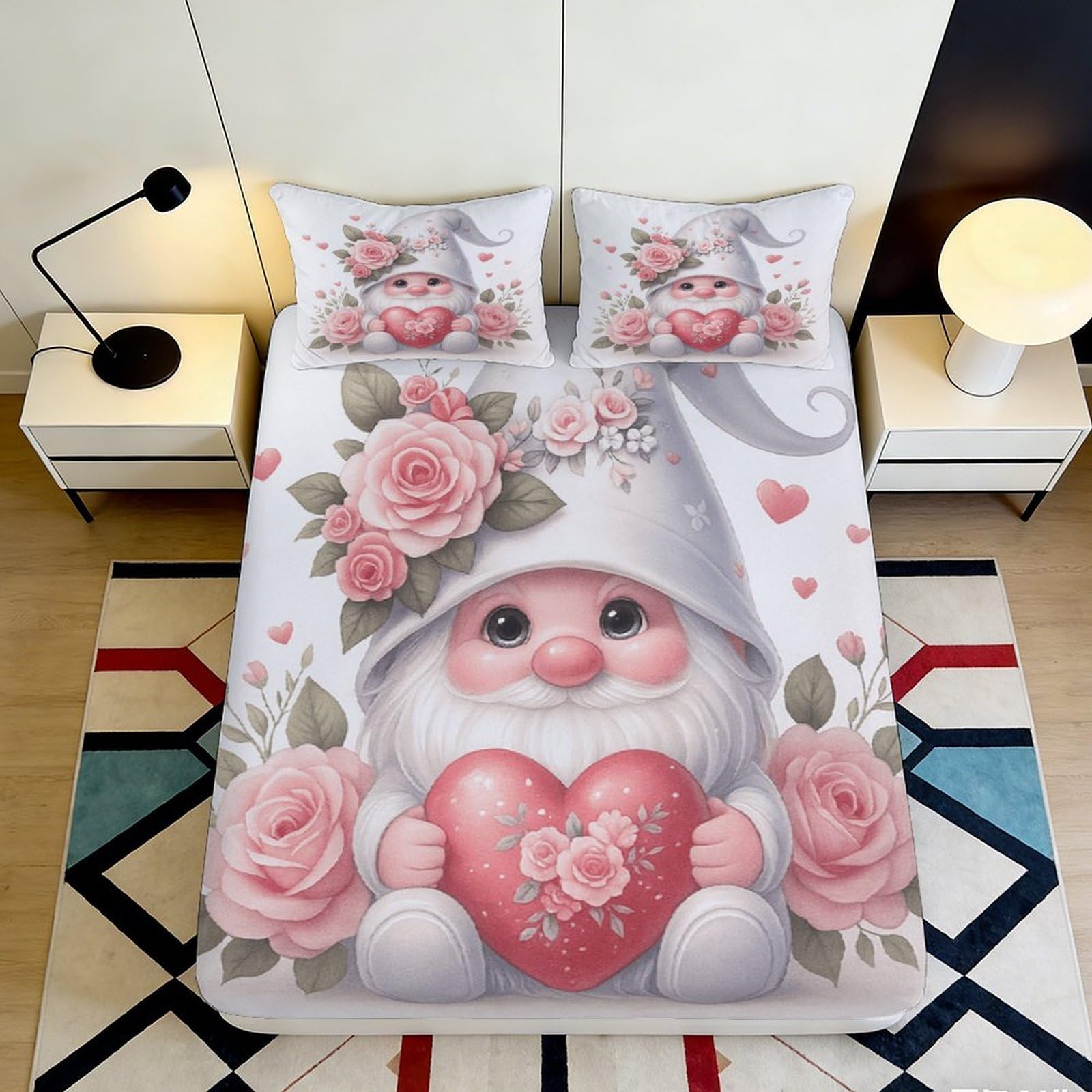 3D Printed Gnome Rose Fitted Sheet Microfiber Deep Pocket Non-Slip Gnome Heart Mattress Fitted Cover 120x200x25cm