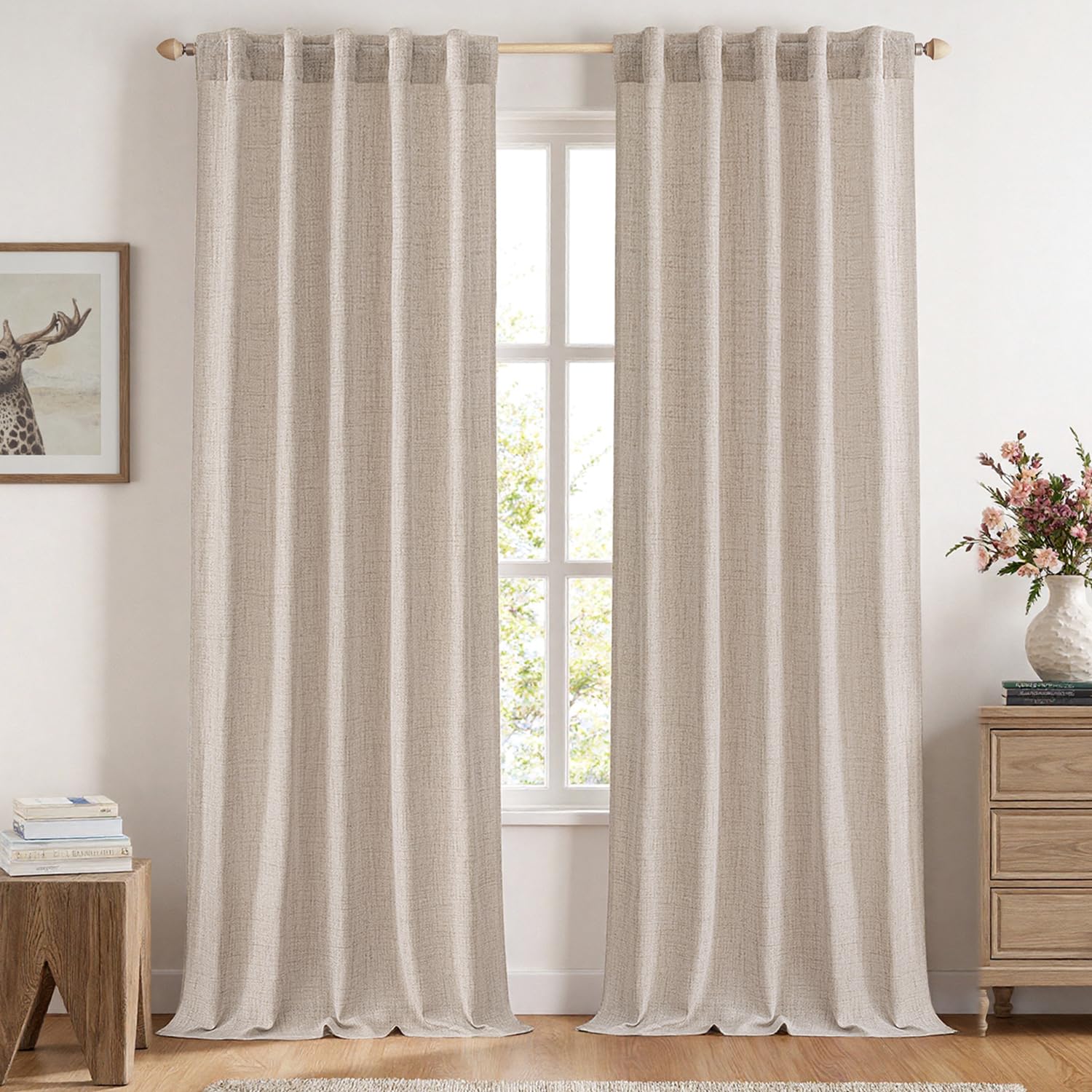 MIULEE Faux Linen Curtains 96 Inch Length 2 Panels Natural Semi Sheer Curtain with Back Tab Rod Pocket, Light Filtering Window Privacy Burlap Drapes for Living Room Bedroom 42W x 96L Linen