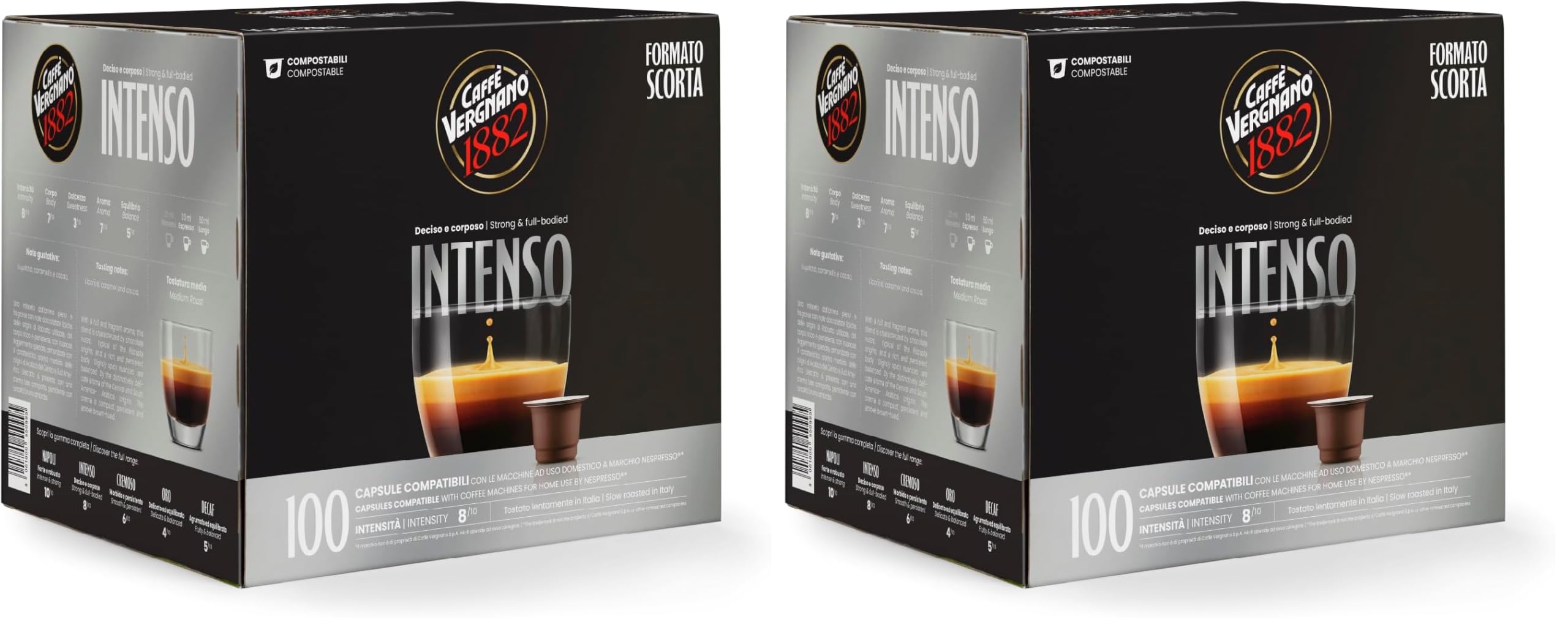 Caffè Vergnano 1882-100 Capsule - Caffè Compostabili e Compatibili con Nespresso, Intenso - Pack da 100 capsule (Confezione da 2)