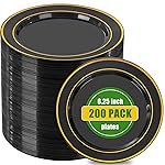 bUCLA 200PCS Black and Gold Plastic Plates - 6.25inch Black with Gold Rim Disposable Dessert/Salad/Appetizer/Small Cake Plates - Ideal for Party & New Year