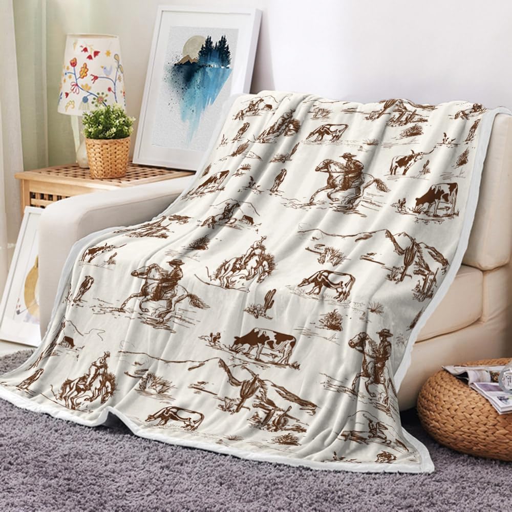 Western Cowboy Throw Blankets, Wild West Cowboy Ride Horse Desert Cactus Cozy Warm Bed Couch Blanket, Farmhouse Country American West Theme Fleece Flannel Throws to Decorate the Room and Bedroom