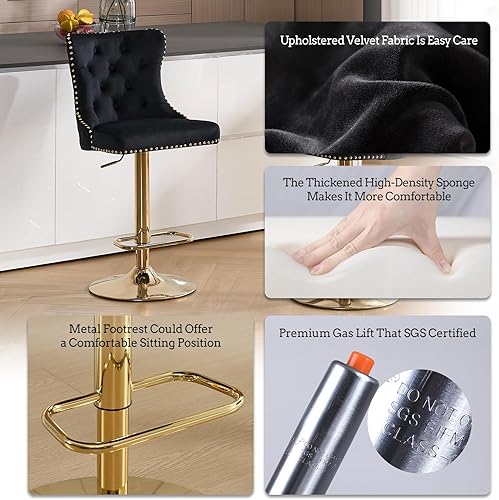 Miniatura 71 de Juego de 4 taburetes de bar giratorios ajustables de terciopelo con respaldo copetudo, ribete de cabezas de clavos y anillo de tracción, sillas de