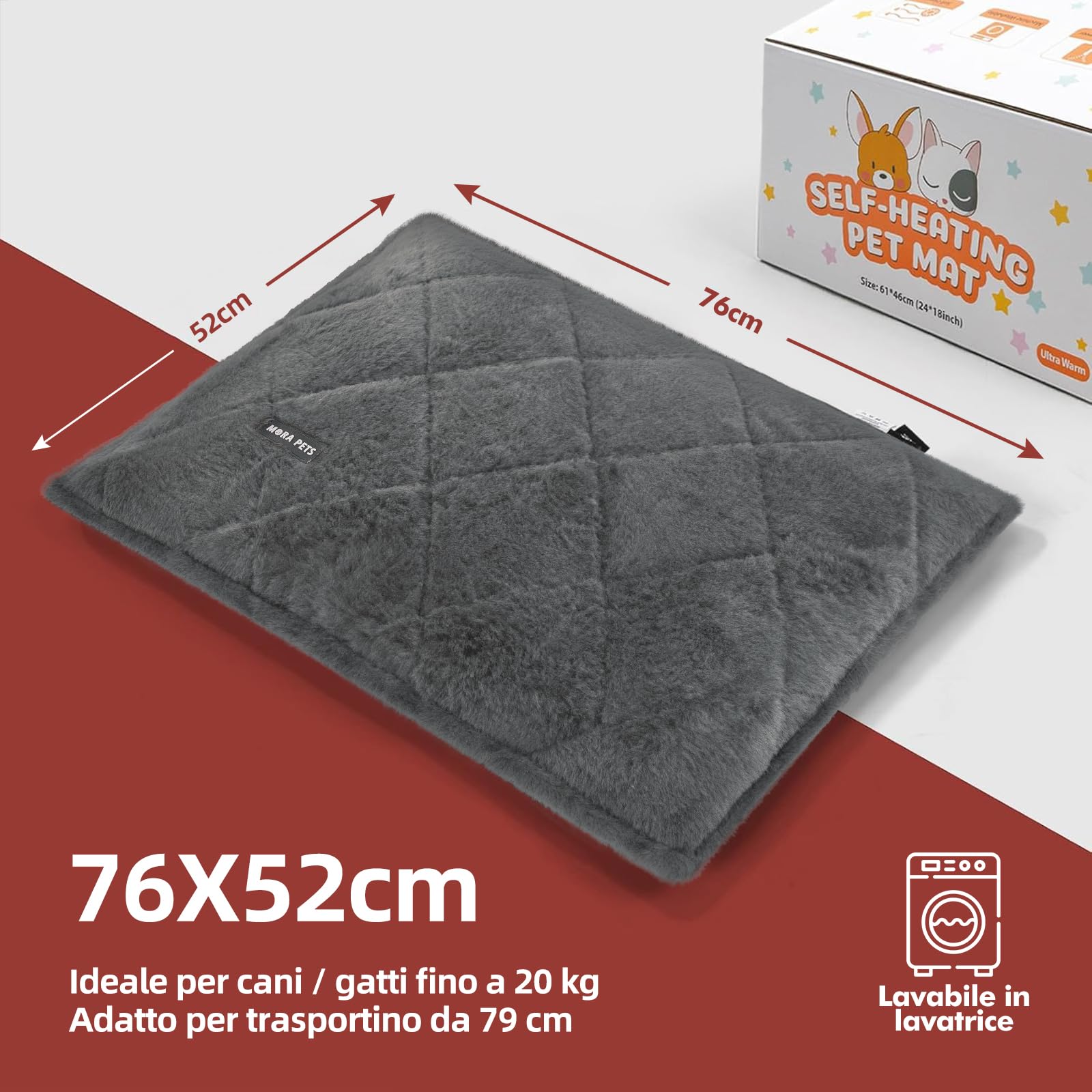 Mora Pets Tappeto riscaldante gatto Coperta autoriscaldante per gatti e cani Tappetino riscaldante Senza elettricità e batterie Coperta termica Rimovibile e Lavabile 76 x 52 cm