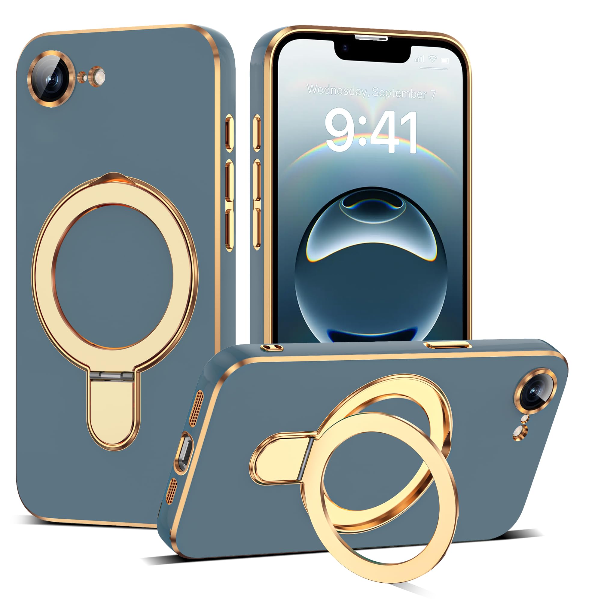 Plating Phone Case for iPhone 17E/16E with Stand 6.1", Grey Blue