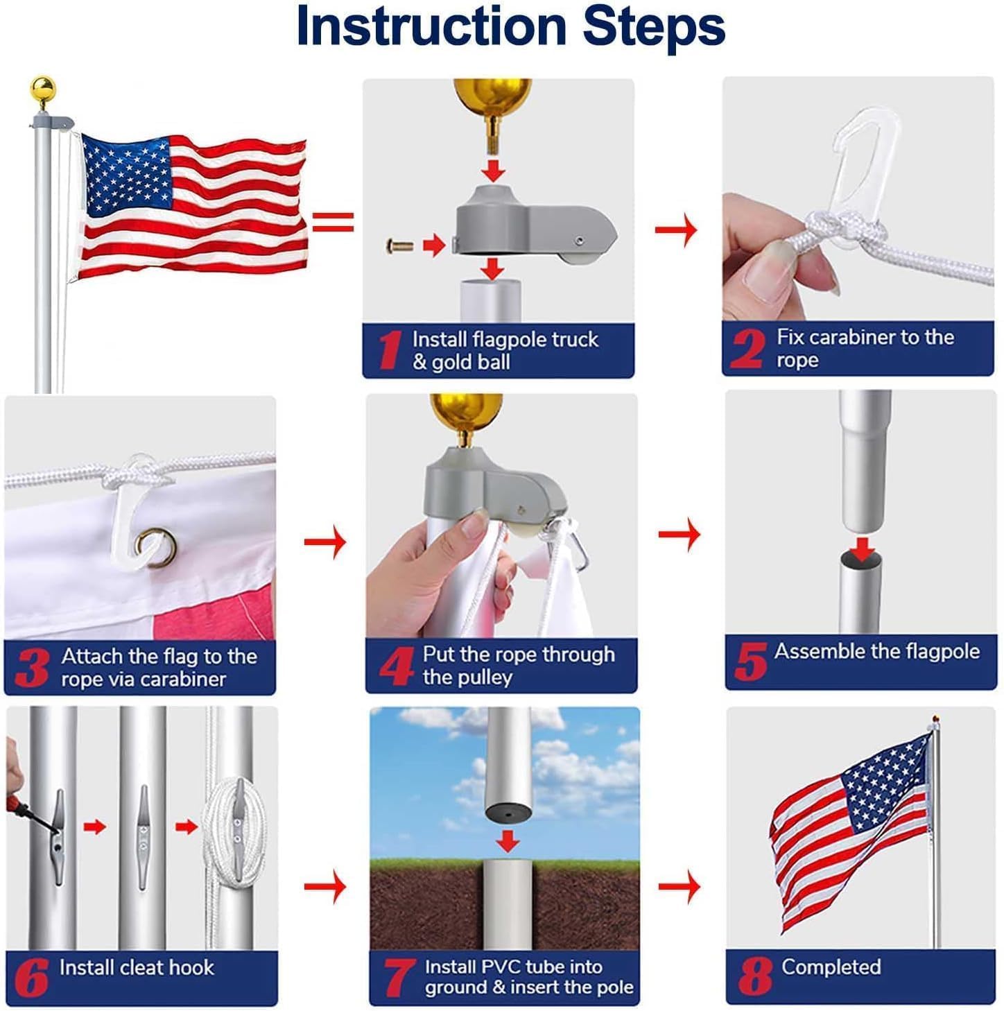 20Ft Flag Pole for Outside House with 3x5 American Flag Embroidered Stars,12 Gauge Heavy Duty Extra Thick Aluminum Flagpole Kit for Outside House In Ground, Residential Commercial Outdoor Garden Yard - Image 4