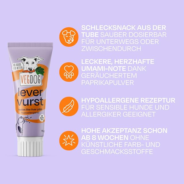 Foto 3 de 8 de VEGDOG Levervurst - Bocadillo vegetal hipoalergénico, 5 x 75 g