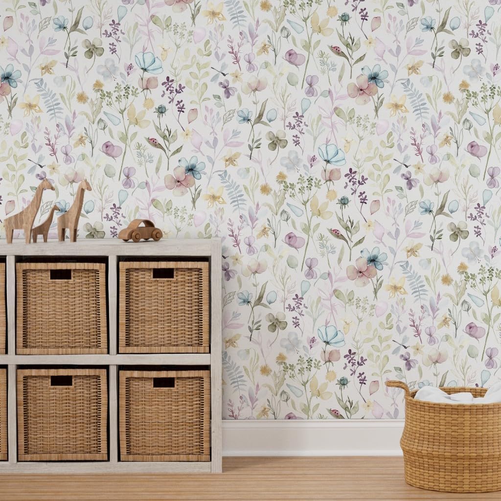 Peel & Stick Wallpaper 3ft x 2ft - Spring Floral Meadow Butterflies Romantic Illustration Flowers Pastel Custom Removable Wallpaper by Spoonflower