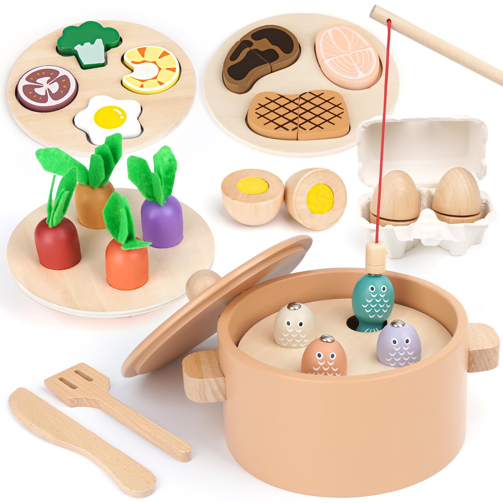 Dreamon Cocina Juguete Madera, Accesorios Cocina Juguetes para Niños, Juguetes Montessori 2 3 4 Años Saque el Juego de Pesca de Rábanos Juguetes de Olla de Madera