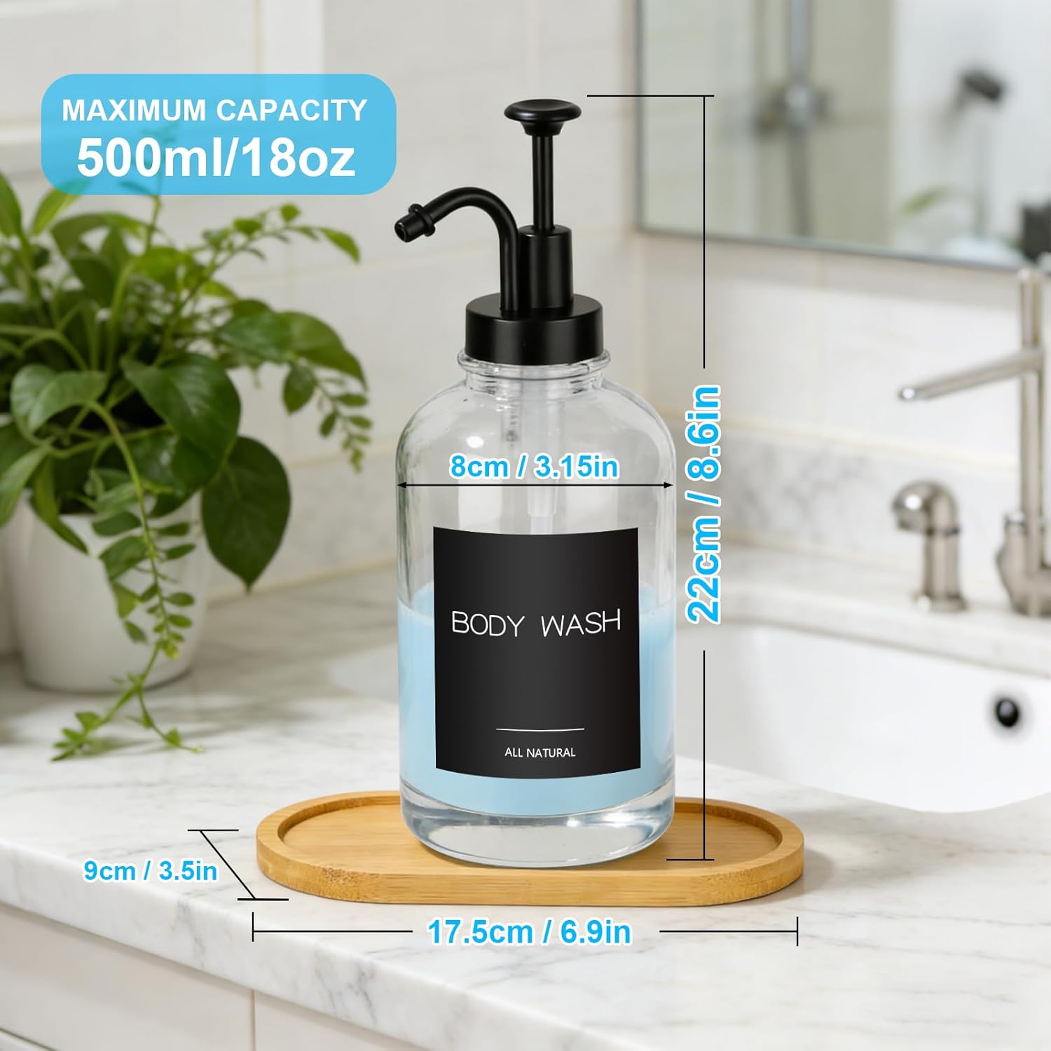 Glass Soap Dispenser with Pump, 18 fl oz Clear Glass Dispenser Set of 2 Pack with 36 Stickers Funnel Bamboo Tray, Dish and Hand Soap Dispenser for Kitchen, Shower & Bathroom