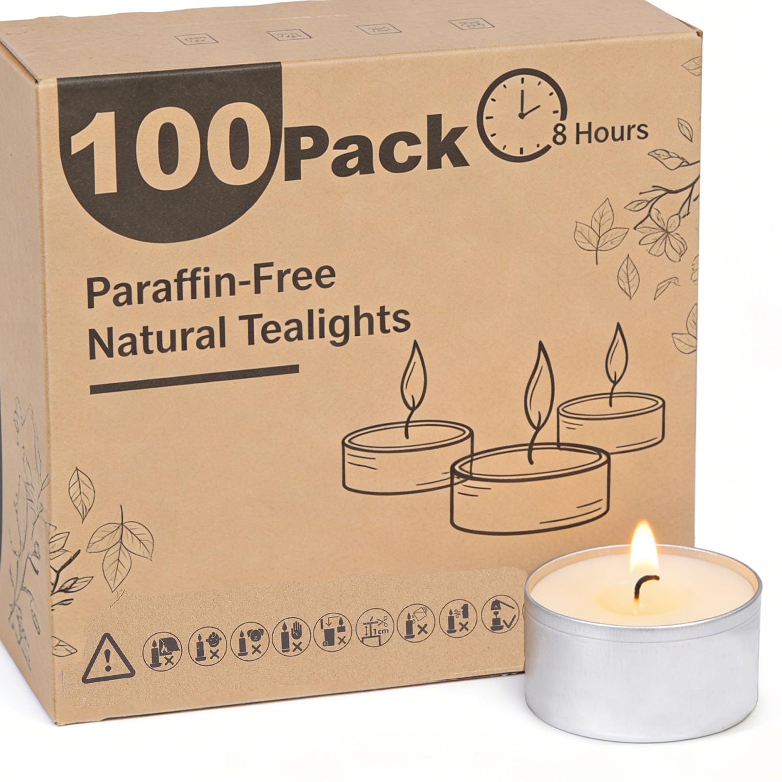100 Pack 8 Hour Vegan Wax Tea Light Candles, Unscented Tea Lights Long Burning with Cotton Wicks for Weddings, Parties, Restaurants, Spa