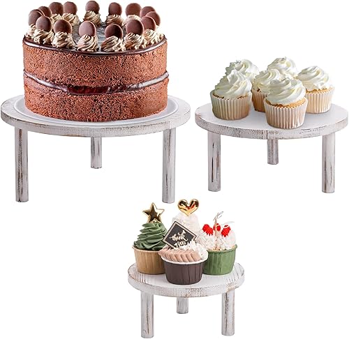 Miniatura 6 de Elsjoy Juego de 3 elevadores de madera para cupcakes, soporte redondo de madera para tartas, juego de exhibición de postres, soporte para cupcakes