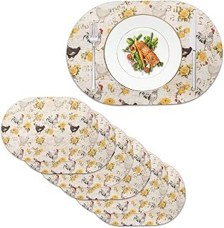 Oval Table Mats Set of 6 PU Leather Placemats Waterproof Stylish Dining Table Mats Protectors Oil Stain-Resistant Tablemats for Dining Table, Chicken Rooster Yellow Rose Beige