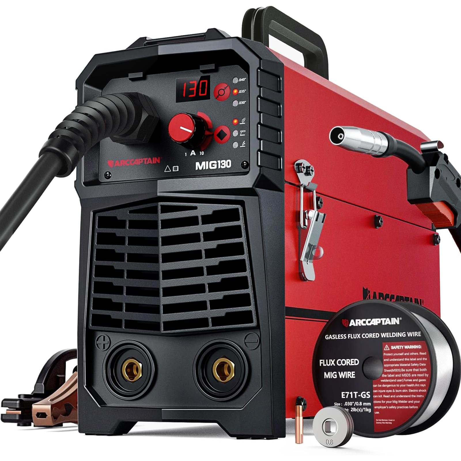 ARCCAPTAIN 130A MIG Welder with red and black design
