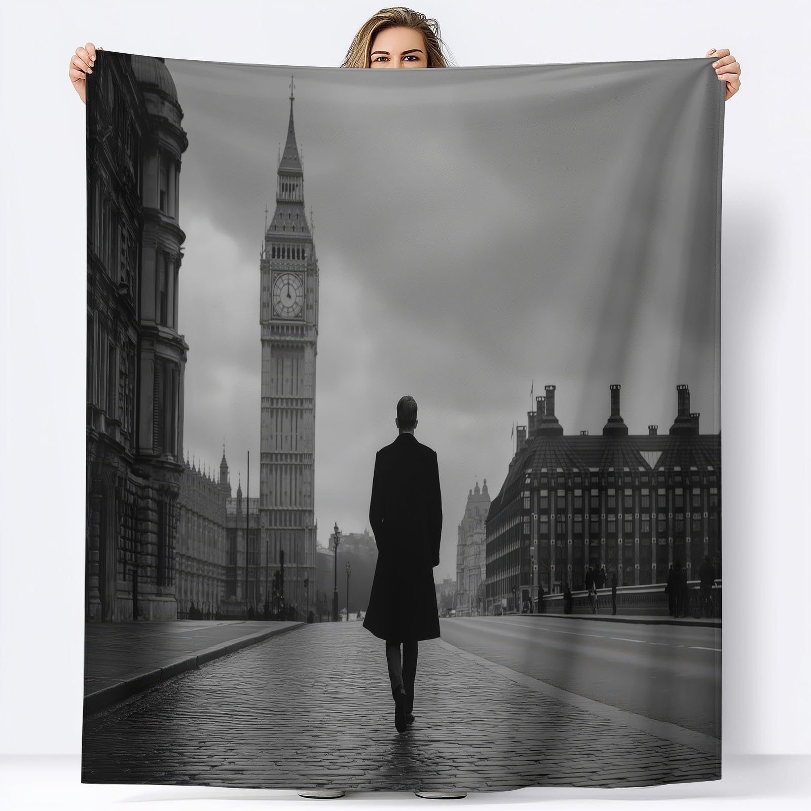 Genérico Flanelowy koc fotograficzny męski Big Ben koce Sherpa 150 x 200 cm miękkie ciepłe koce z mikrofibry, czarno-biały sofa koc wełniany kemping sypialnia salon dekoracja domu