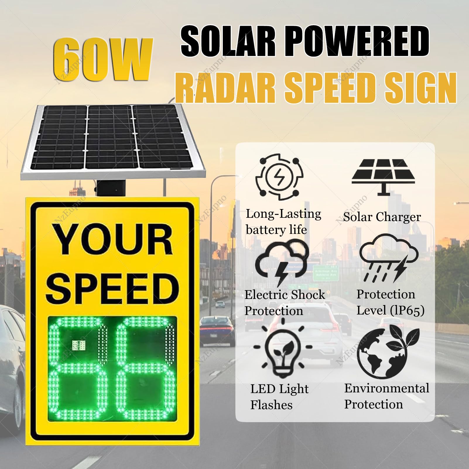 SeñAl De TráFico Con Radar Y Control Remoto, Resistente Al Agua, Con Indicador Solar Y Sensor De Velocidad, Detector De LíMite De Velocidad Para La Seguridad Vial En Calles Y Barrios Yellow-20''×27''