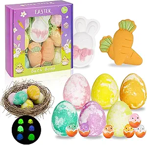 Kids Bath Bombs with Surprise Inside: 9 Pcs Natural Organic Egg Bunny Shaped Basket Stuffers for Kid Girls Boys Bubble Bathbombs Fruit Scented Spa Birthday Gift Set Party Favors Children 3+ Year Old
