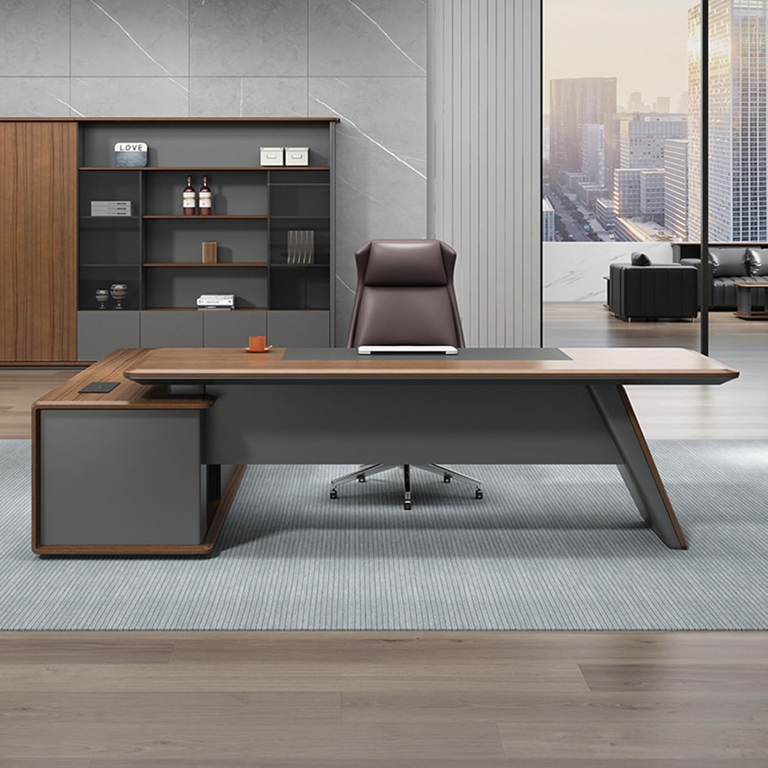 L Shaped Executive Office Desk Computer Desk with File Drawers Writing Study Table Business Furniture Set for CEO Boss