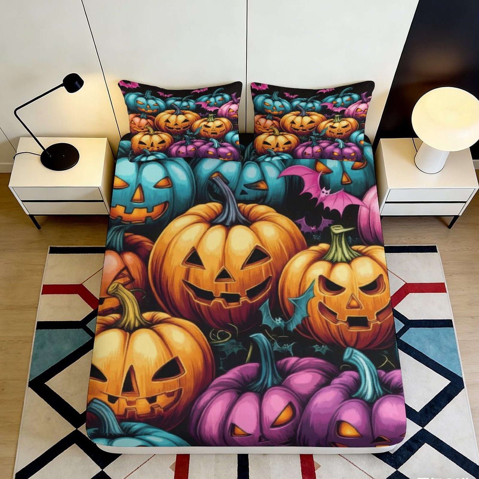 Pnayamiorkfel Style-2 3D Printed Halloween Pumpkin Fitted Sheet Microfiber Soft Breathable Bat Bed Cover For Bedroom Dorm Room Decor 90X200x25cm